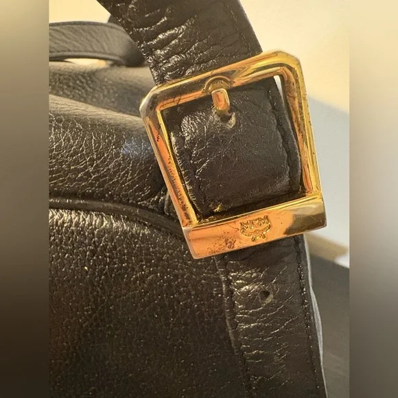 MCM Black Leather Backpack with Gold Accents and draw strings 12"x11" - Picture 11 of 16